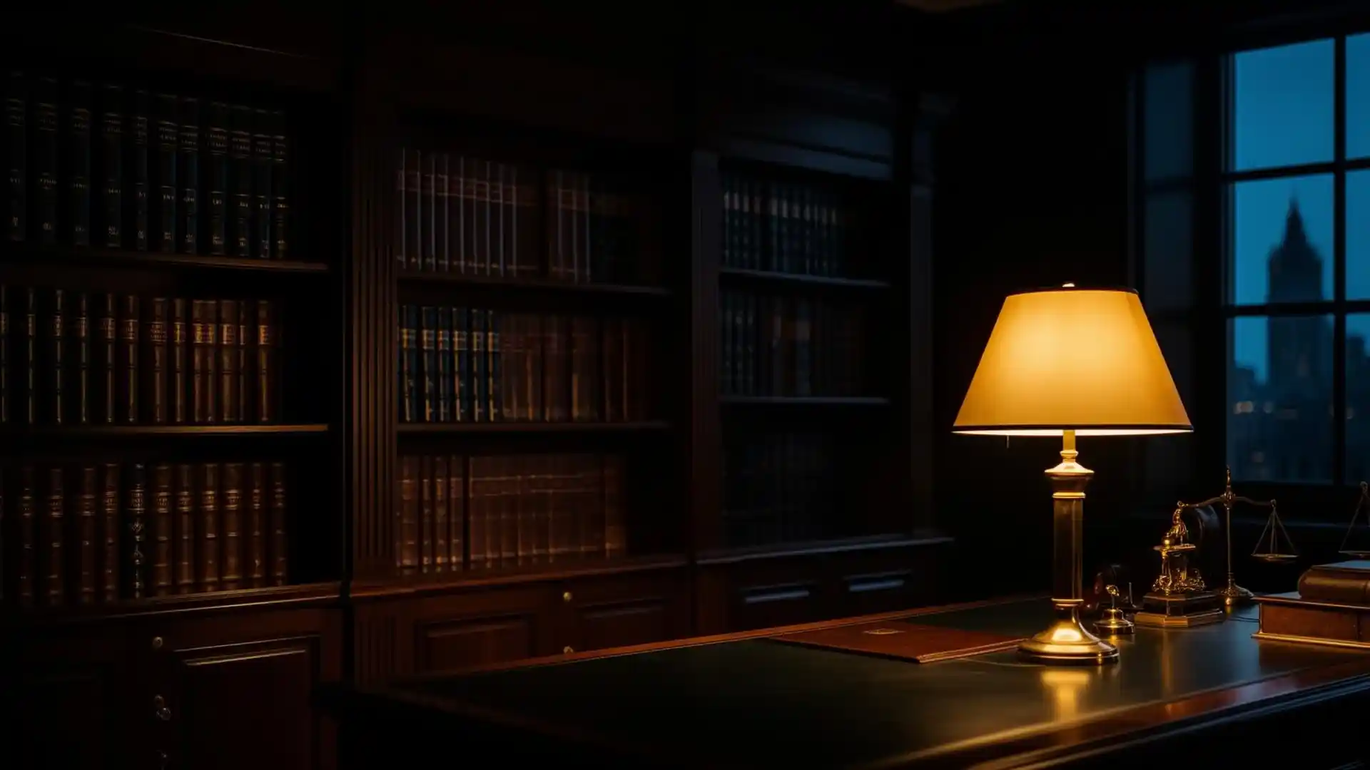 Biblioteca jurídica em escritório clássico